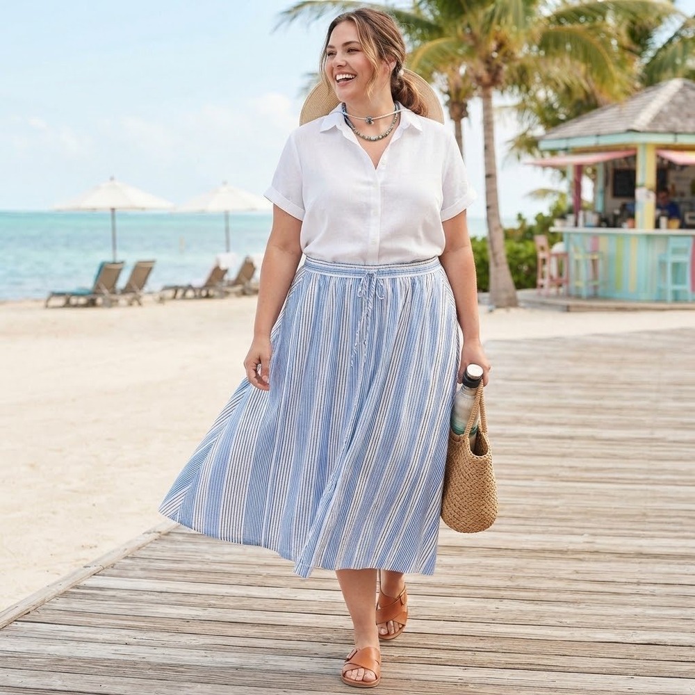 Free Assembly Blue White Striped Cotton Maxi Skirt 4X Pockets Drawstring Plus